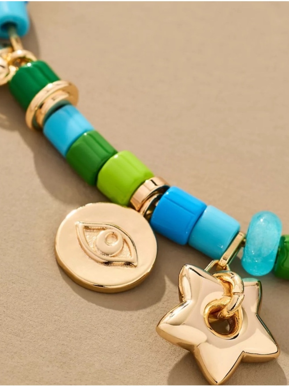Anthropologie 14k Gold Plated Necklace with Blue and Green Beads and Charms - Picture 5 of 5